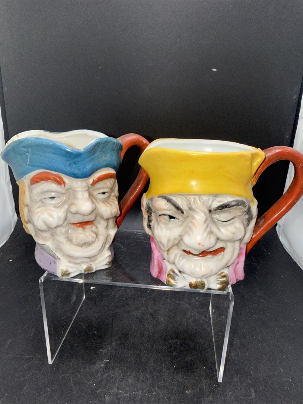 Vintage Japan Character Face Creamer Pitcher Toby Jug Set Hand Painted Pair